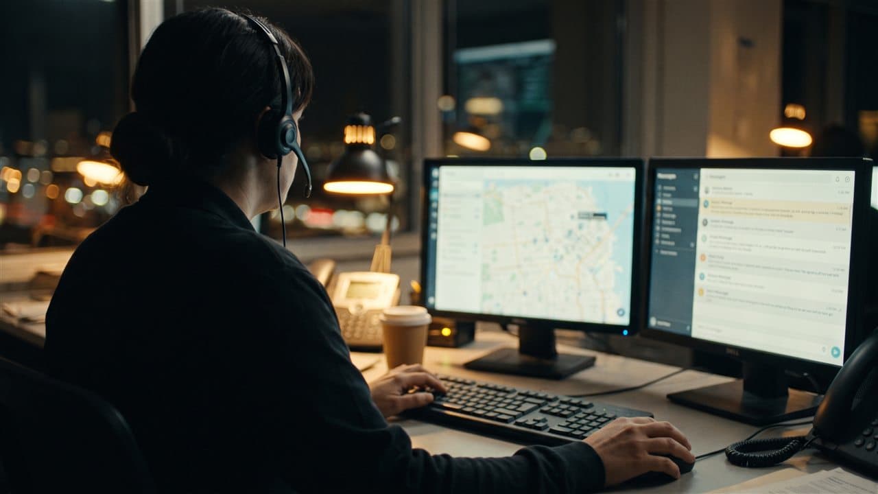 Dispatcher's workstation at night — Dispatch Hawkeye watches the desk
