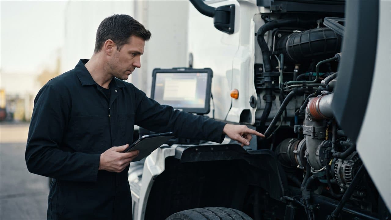 Technician inspecting a truck in a maintenance bay — Maintenance Radar sees the whole fleet